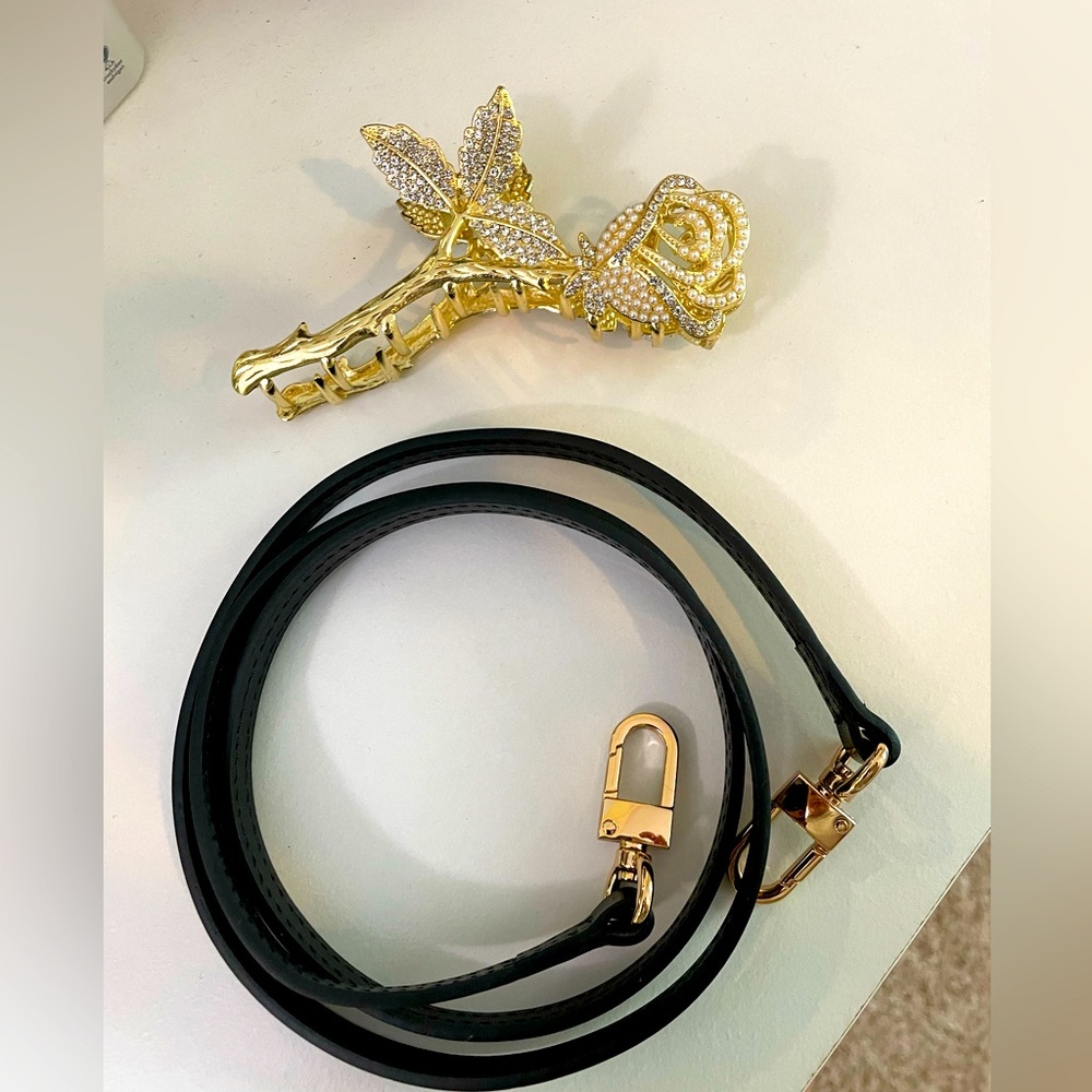 Black Leather Crossbody Strap with Gold Hardware